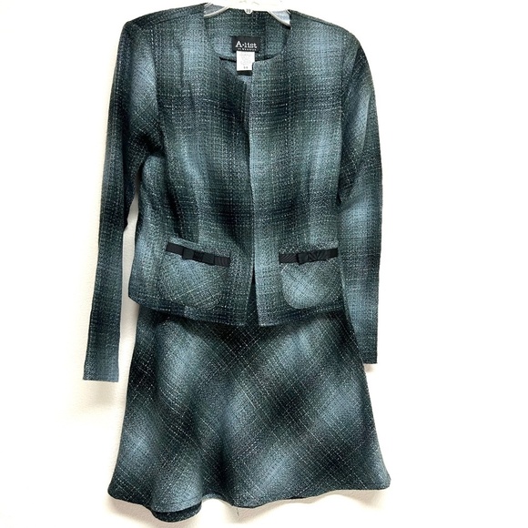 A-LIST 2 Pc Suit 5 6 Blazer Ruffle Hem Skirt Green Black Multicolor Office Work - Picture 1 of 10